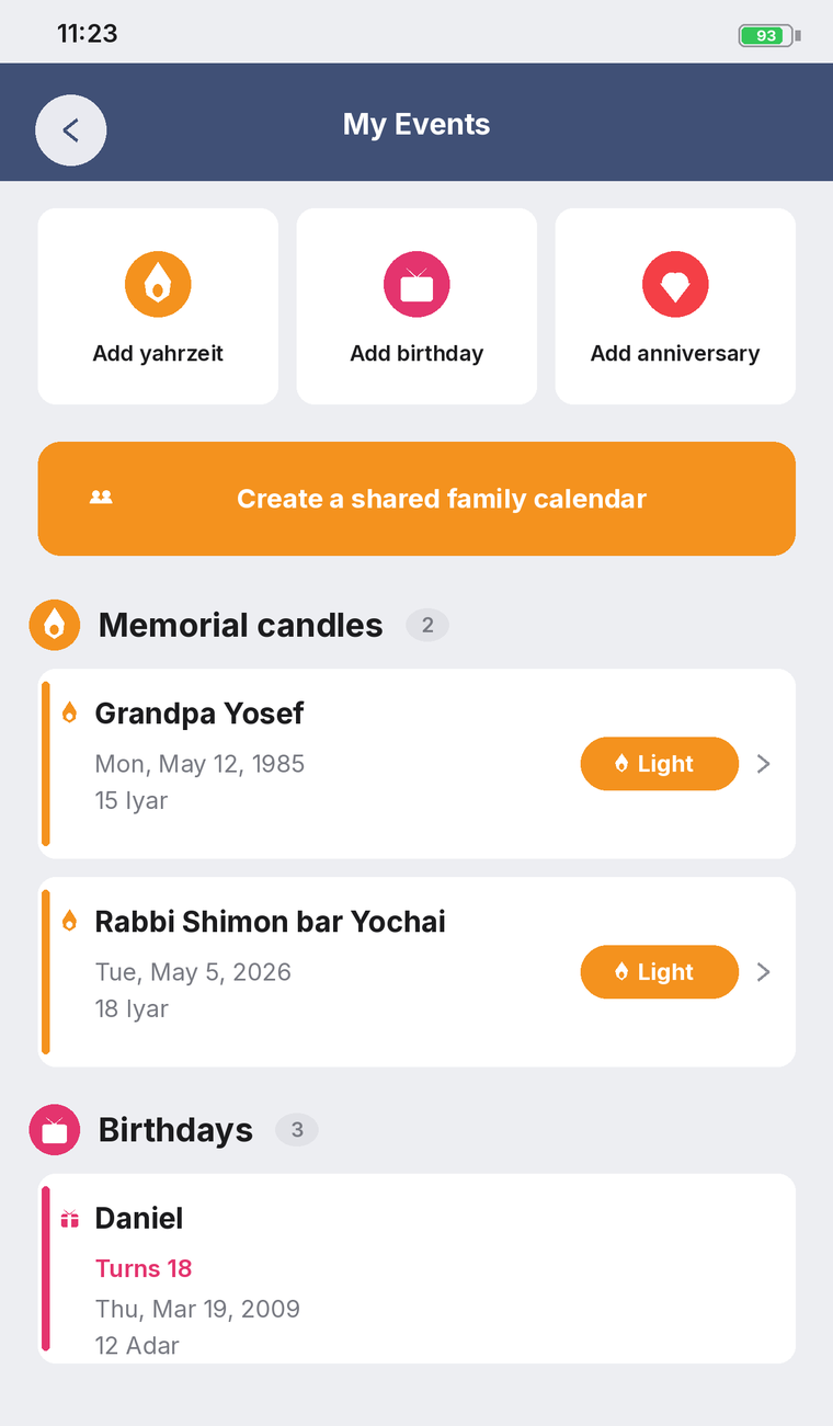 Family events — yahrzeits, birthdays and anniversaries
