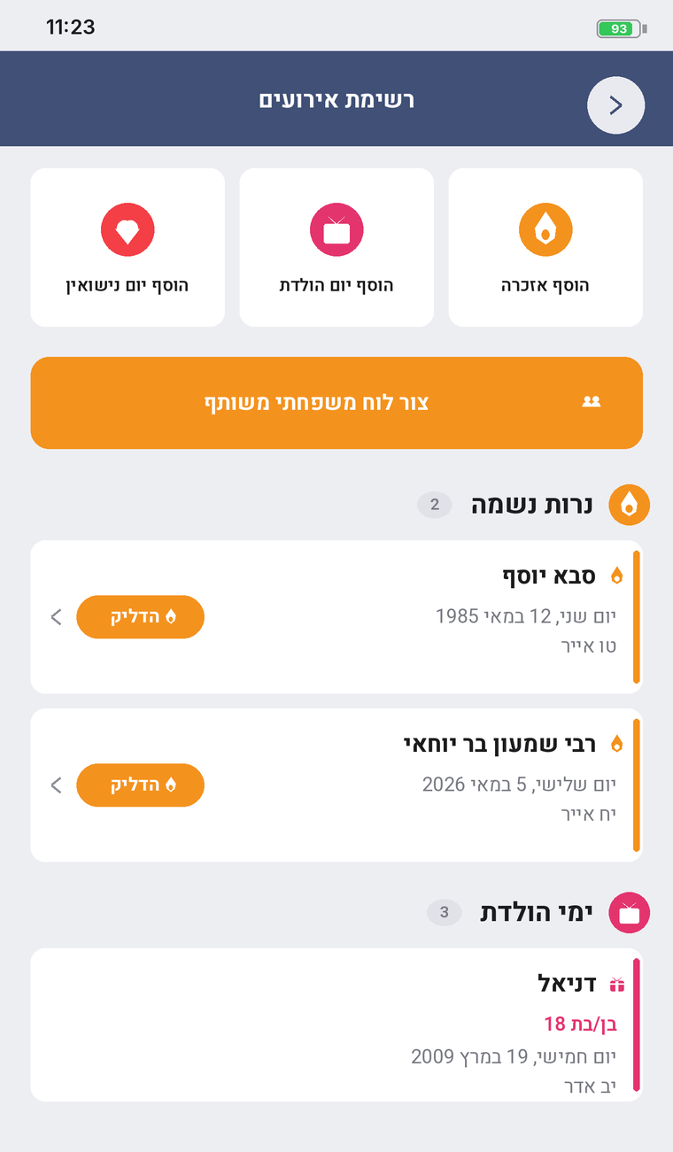 רשימת אירועי המשפחה — אזכרות, ימי הולדת וימי נישואין