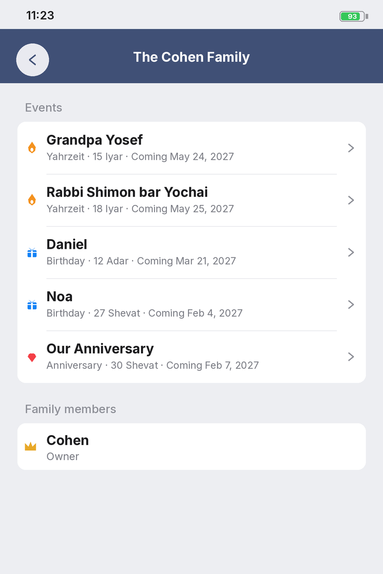 A shared family calendar with events and members